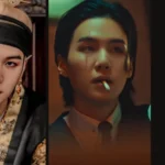 Capa do artigo da Bangtan Now sobre a Trilogia da Cicatriz de Agust D. A imagem apresenta três versões de Agust D, personagem de Min Yoongi (Suga, do BTS), cada uma representando um momento dos MVs Amygdala, Daechwita e Haegeum. À direita, o título do artigo destaca a análise sobre essa trilogia visual e conceitual que marcou a carreira solo do artista.