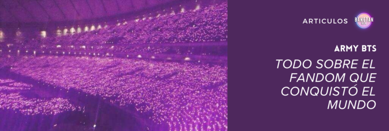 Un estadio repleto de luces violetas sostenidas por fans de BTS, creando un mar púrpura que simboliza el amor y la unidad del fandom Army BTS. A la derecha, un panel en color púrpura oscuro con el logo de Bangtan Now y el título: “ARTICULOS – ARMY BTS – TODO SOBRE EL FANDOM QUE CONQUISTÓ EL MUNDO.” Esta imagen celebra el impacto global de Army BTS y su conexión con BTS, destacada por Bangtan Now.