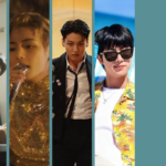 A banner featuring the seven BTS members in scenes from their solo music videos, each framed vertically and styled uniquely. From left to right: SUGA in traditional hanbok, RM in a white jumpsuit, Jimin in a black suit on a plane, Jin in a brown shirt with a dreamy look, V in a gold outfit singing into a mic, Jungkook in a loosened tie and black suit, and J-Hope in sunglasses and a yellow Hawaiian shirt. On the right side, a teal-blue background displays the Bangtan Now logo and the article title: “YELLOW AND BLUE: COLORS IN BTS SOLO MVS – A fun analysis of visual coincidences in the solo MVs of BTS members.” This image highlights the colorful visual themes in BTS solo works as explored by Bangtan Now.