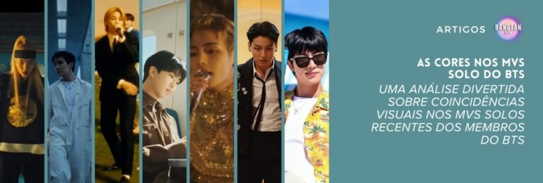 Imagem de cabeçalho do artigo com o título "As cores nos MVs solo do BTS", acompanhado do subtítulo "Uma análise divertida sobre coincidências visuais nos MVs solos recentes dos membros do BTS". À esquerda, há uma montagem com sete capturas de tela de MVs solo dos integrantes do BTS, cada uma destacando diferentes paletas de cores usadas em suas produções. À direita, sobre um fundo azul, estão os logos de "Artigos" e "Bangtan Now", reforçando a identidade visual do conteúdo. A imagem representa a análise sobre como o amarelo e o azul se repetem nos videoclipes individuais dos membros do grupo.