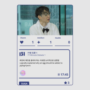 Game card from BTS Poli – Run BTS Poly Highlight Package, featuring SUGA in a wet shirt and bow tie during the Run BTS episode “77-Minute Debate 1.” The card displays his stats: Charm 1, Intellect 1, Health 0. The description reads: “Logically explained why an egg should be added to jajangmyeon.” Part of the collectible BTS Poli board game by Bangtan Now, this card highlights SUGA’s calm logic and dry humor in one of the show’s fun debates.
