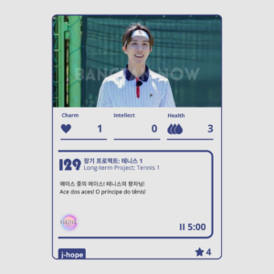 Game card from BTS Poli – Run BTS Poly Highlight Package, featuring j-hope dressed in a tennis outfit during a Run BTS episode. The card shows his stats: Charm 1, Intellect 0, and Health 3. Title reads "Long-term Project: Tennis 1", with the description: "Ace dos aces! O príncipe do tênis!" ("Ace of aces! The prince of tennis!"). Published by Bangtan Now, this collectible highlights iconic Run BTS moments in a playful, RPG-style format.
