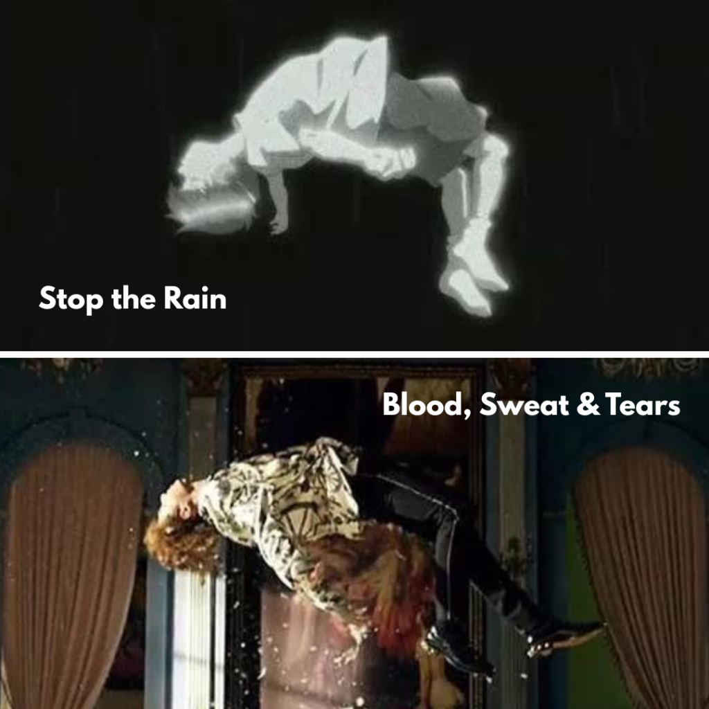 Stop the Rain - BST - Bangtan Now Montagem comparativa com duas cenas de MVs. Na parte superior, uma cena do videoclipe animado de Stop the Rain, colaboração entre Tablo e RM, mostra um menino flutuando de costas no vazio, com traços minimalistas em preto e branco. Na parte inferior, vemos a cena icônica de Blood Sweat & Tears, onde um dos membros do BTS aparece também flutuando de costas, mas em um ambiente barroco e colorido. Ambas as imagens dialogam simbolicamente com a ideia de queda e transformação. Essa comparação foi destaque em conteúdo publicado pela Bangtan Now, aprofundando as referências visuais entre os trabalhos do BTS.