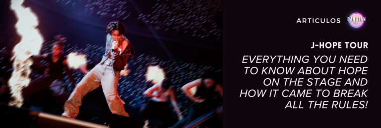 Image of j-hope performing on stage during the j-hope tour, surrounded by backup dancers and dramatic fire effects, wearing glittering pants and a half-zipped hoodie. The right side features a Bangtan Now article banner with the headline: “J-HOPE TOUR — Everything You Need to Know About Hope on the Stage and How It Came to Break All the Rules!”