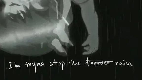 photo_2025-05-04_18-56-36 Imagem do videoclipe animado de Stop the Rain, parceria entre Tablo e RM. A cena mostra um trecho da letra escrito à mão: “I’m tryna stop the forever rain”, com a palavra “forever” riscada. Em destaque, vemos parte do corpo do personagem flutuando em um ambiente escuro e chuvoso. Essa é uma referência direta a forever rain, música solo de RM, sugerindo uma evolução emocional — de aceitar a chuva eterna para tentar pará-la. O Bangtan Now destacou essa cena como um dos momentos mais simbólicos da conexão entre obras passadas e presentes do artista.