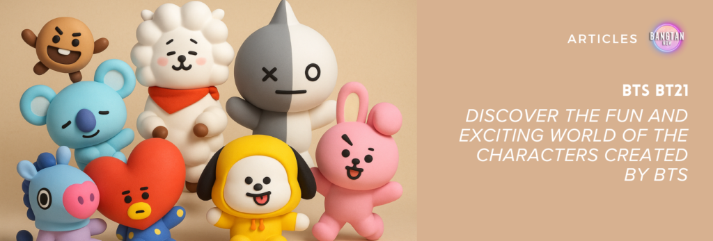Image showing the colorful characters from BTS BT21 featured in an article on the Bangtan Now blog. From left to right and front to back, the figures include Cooky (pink bunny), Chimmy (yellow puppy), Tata (red heart-headed alien), Mang (masked dancer), Koya (blue koala), RJ (white alpaca), Shooky (cookie), and Van (gray and white space robot). The right side of the image displays the Bangtan Now logo and the article title: "BTS BT21 – Discover the fun and exciting world of the characters created by BTS."