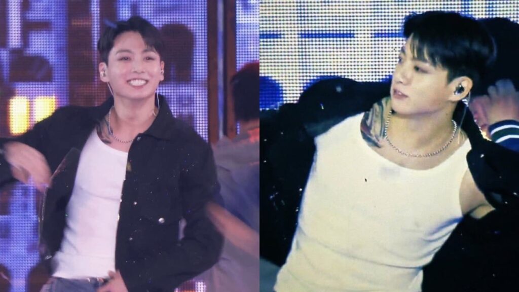 BTS Tatoos - Bangtan Now (6) Side-by-side images of BTS member Jungkook during the “Hope on the Stage” concert on June 13, 2025. He wears a white tank top and black jacket, partially revealing a colorful new chest and shoulder tattoo for the first time after his military discharge. The vibrant design caught fans’ attention during his performance alongside j-hope. This moment is highlighted in the Bangtan Now article about BTS Tattoos, exploring recent additions and the evolution of his body art.
