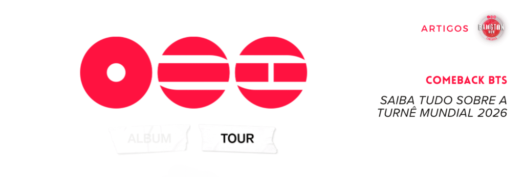 Logo oficial do Comeback BTS com símbolo de três círculos vermelhos revelado pela Hybe em 1º de janeiro de 2026, com as palavras 'ALBUM' e 'TOUR' abaixo dos círculos. À direita, texto em vermelho 'COMEBACK BTS' e em preto 'Saiba tudo sobre a turnê mundial 2026', com o logo do Bangtan Now no canto superior direito.