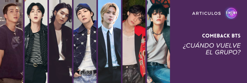 Imagen de encabezado del artículo del blog Bangtan Now titulado "When the BTS Comeback". Muestra a los siete miembros de BTS – RM, Jin, SUGA, j-hope, Jimin, V y Jungkook – en retratos individuales que reflejan sus trabajos solistas más recientes. RM lleva una camiseta oscura de Nike con expresión serena; Jin viste una chaqueta de cuero negra y camiseta a rayas; SUGA aparece con el cabello largo, chaqueta negra y camiseta blanca, con una mirada introspectiva; j-hope lleva una gorra azul y una chaqueta con detalles brillantes; Jimin aparece en traje negro con camisa blanca y corbata; V luce una chaqueta llamativa en rojo y negro con accesorios de perlas; y Jungkook, el último, viste una camiseta gris claro y jeans, con una expresión intensa y relajada. A la derecha, sobre un fondo morado, se lee el texto: “When BTS Comeback – When is the group returning?”, junto al logo de Bangtan Now.