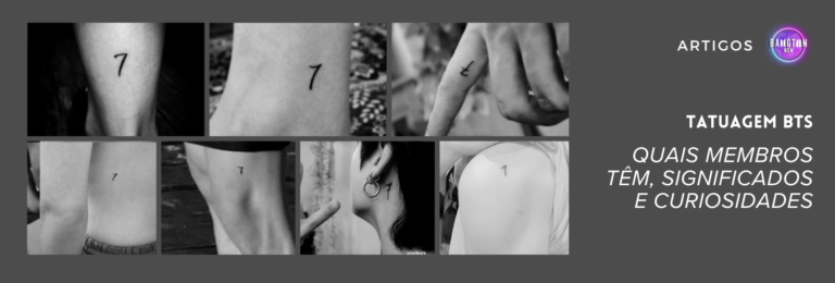 Capa do artigo "Tatuagens BTS" do blog Bangtan Now. A imagem mostra as tatuagens do número 7 feitas pelos membros do BTS em diferentes partes do corpo, como dedo, braço, ombro, tornozelo e pescoço. O fundo é cinza escuro, com o logo do Bangtan Now no canto superior direito e o título "Tatuagem BTS – Quais membros têm, significados e curiosidades" em destaque.