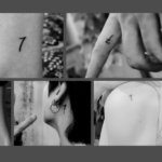 Imagen de portada del artículo de Bangtan Now sobre Tatuajes de BTS. A la izquierda, se muestran seis fotografías en blanco y negro de tatuajes con el número 7 ubicados en distintas partes del cuerpo de los miembros de BTS, como el tobillo, dedo, oreja, brazo y cintura. A la derecha, sobre un fondo gris oscuro, se lee el título del artículo: “Tatuajes de BTS – Qué miembros tienen, significados y curiosidades”, acompañado del logo brillante de Bangtan Now en la esquina superior.