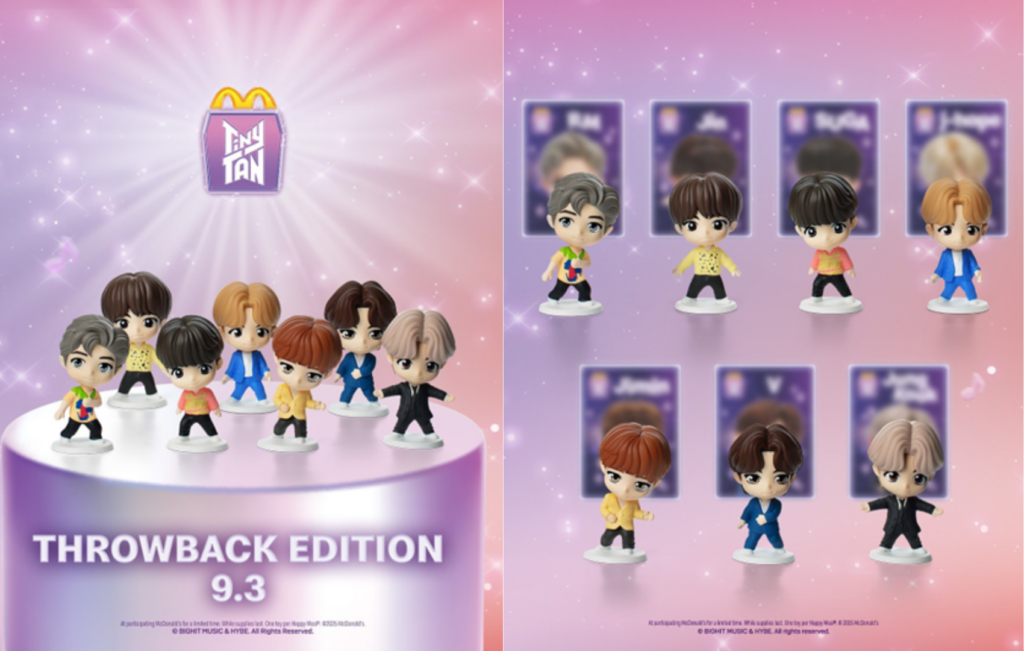 TinyTAN Throwback Edition - Bangtan Now Official promotional image of the Throwback Edition from the McDonald’s TinyTAN collection, featuring all seven BTS members in chibi form against a sparkly lilac background. On the left, the figures are displayed together on a round base with the date “9.3”; on the right, the same figures appear individually with collectible cards in the background. This is one of the editions from the TinyTAN x McDonald’s collab shared on official social media and featured in the Bangtan Now blog article.