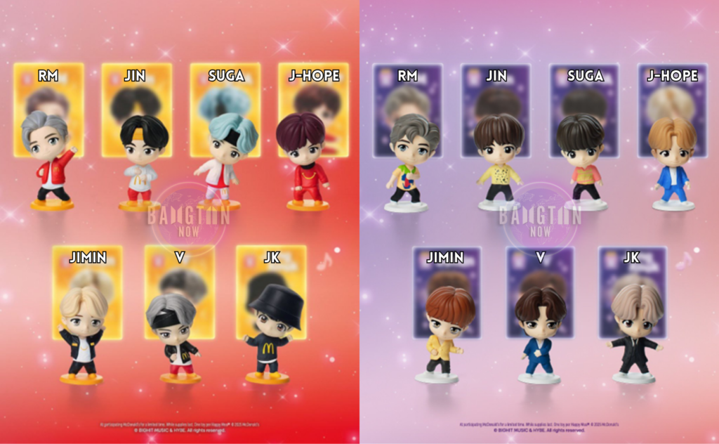 TinyTAN Who's Who - Bangtan Now Official comparison image of the 2025 TinyTAN McDonald’s toys, showcasing both sets from the collab: on the left, the Encore Edition with a red background; on the right, the Throwback Edition with a lilac background. Each TinyTAN figure is labeled with the name of the BTS member it represents — RM, JIN, SUGA, j-hope, JIMIN, V, and JK (Jungkook). The image helps fans visually identify who’s who in each version of the characters. Featured in the article on the Bangtan Now blog.