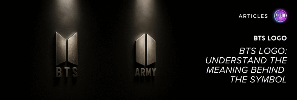 Image featuring the BTS Logo and the ARMY symbol side by side, both in metallic embossing over a dark background, lit from above. On the right, the article title: “BTS Logo – Understand the Meaning Behind the Symbol”, with the Bangtan Now blog logo in the upper corner.