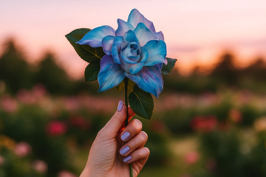 BTS Símbolo - Flor Smeraldo - Bangtan Now Flor Smeraldo azul com tons arroxeados sendo segurada por uma mão com unhas pintadas, em um jardim ao entardecer. A imagem representa um dos elementos simbólicos do BTS símbolo, associada a verdades não ditas e ao universo narrativo do grupo, com a identidade visual do blog Bangtan Now presente na composição. Imagem gerada por IA — a flor Smeraldo é fictícia e não existe no mundo real.