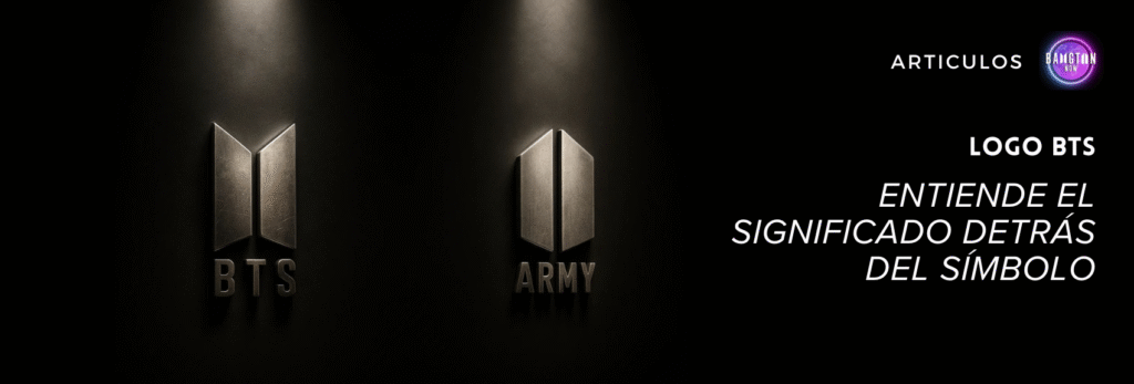 Imagen que presenta el Logo BTS y el símbolo de ARMY uno al lado del otro, ambos en relieve metálico sobre un fondo oscuro, iluminados desde arriba. A la derecha, el título del artículo: “Logo BTS – Entiende el significado detrás del símbolo”, con el logotipo del blog Bangtan Now en la esquina superior.