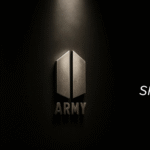 Imagen que presenta el Logo BTS y el símbolo de ARMY uno al lado del otro, ambos en relieve metálico sobre un fondo oscuro, iluminados desde arriba. A la derecha, el título del artículo: “Logo BTS – Entiende el significado detrás del símbolo”, con el logotipo del blog Bangtan Now en la esquina superior.