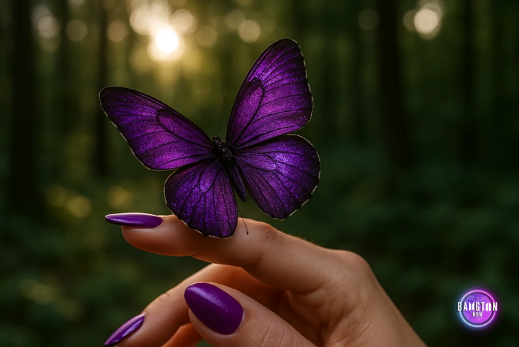 Logo BTS - Mariposa - Bangtan Now Mariposa morada posada delicadamente sobre el dedo de una persona con las uñas pintadas del mismo color, en medio de un bosque desenfocado al fondo. La imagen representa uno de los elementos simbólicos del Logo BTS, relacionado con la juventud y la transformación, con la marca del blog Bangtan Now en la esquina inferior derecha.