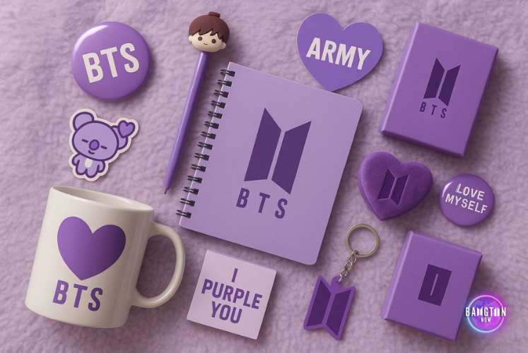 Logo - Morado - Bangtan Now Colección de artículos personalizados en tonos morados, dispuestos sobre una superficie afelpada del mismo color, todos relacionados con el universo de BTS. En el centro, un cuaderno de espiral con el Logo BTS estampado en la portada. Alrededor, se encuentran una taza con un corazón morado y la palabra “BTS”, una calcomanía con la frase “I purple you”, un llavero y pins con el logo de BTS, la palabra ARMY, “Love Myself” y el personaje Koya de BT21.
También aparecen cajas decorativas, un marcador de página en forma de corazón y una pluma con una figura que representa a uno de los integrantes.
En la esquina inferior derecha, se muestra el logotipo del blog Bangtan Now.
Imagen generada por IA — los objetos son ilustrativos y no representan productos oficiales.
La composición simboliza la conexión emocional entre los fans y el grupo mediante íconos visuales como el Logo BTS y expresiones simbólicas del fandom.