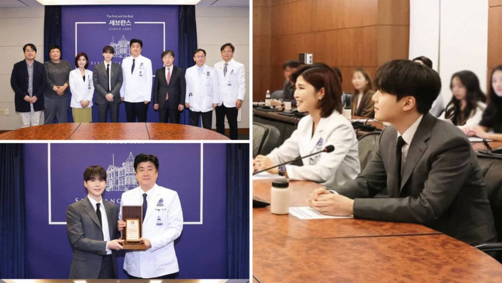 Min Yoongi Treatment Center - Bangtan Now 01 Yoongi at the official donation ceremony for the Min Yoongi Treatment Center, alongside doctors and staff from Severance Hospital, as featured in Bangtan Now. On the left, he appears in a group photo and receiving a plaque of recognition. On the right, Yoongi is seated in a formal meeting with the hospital’s medical team, wearing a gray suit and listening attentively.