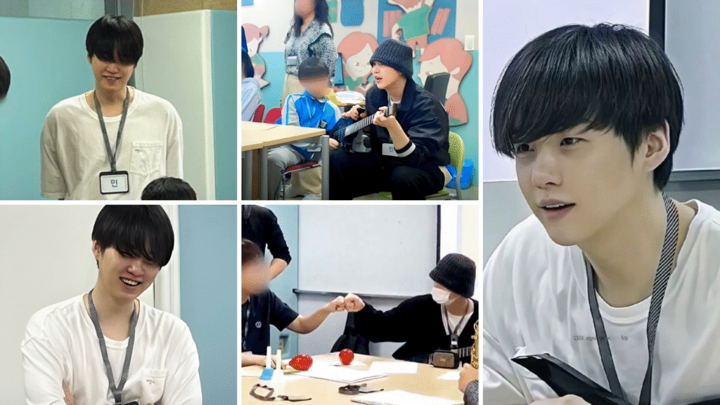 Min Yoongi Treatment Center - Bangtan Now 02 Scenes from the Severance Hospital documentary featured in Bangtan Now about the Min Yoongi Treatment Center, showing Yoongi during music therapy sessions as a volunteer assistant. He appears smiling, playing guitar with children, fist-bumping a student, and interacting warmly in the classroom, wearing casual clothes and sometimes a beanie.