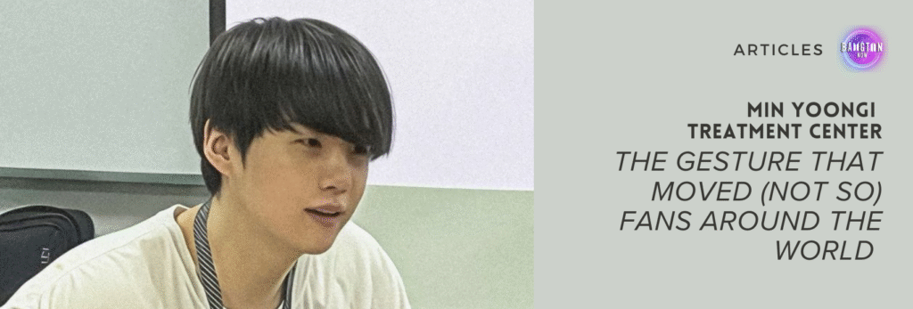 Scene from the Severance Hospital documentary featured in Bangtan Now about the Min Yoongi Treatment Center, showing Yoongi with dark straight hair and a light shirt, seated indoors. On the right side, the article title reads: “Min Yoongi Treatment Center – The gesture that moved (not so) fans around the world.”