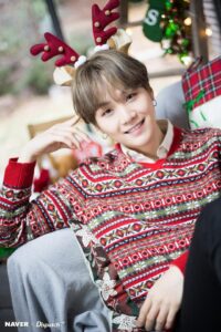 SUGA aparece com um sorriso tranquilo e um par de adoráveis chifres de rena na cabeça, abraçando o espírito natalino com um suéter festivo todo trabalhado em padrões vermelhos, verdes e dourados que praticamente grita "eu fui decorado junto com a árvore". Encostado no sofá com cara de quem já terminou todos os presentes handmade, ele encarna aquele mood de conforto pós-ceia e ironia sutil, bem no estilo dele. A cena faz parte do especial de fim de ano do BTS para o Naver, no artigo sobre BTS Natal do Bangtan Now.