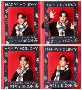 j-hope ilumina a montagem natalina da Dicon publicada no X do BTS com sua energia inconfundível e uma sequência de poses que oscilam entre o adorável e o absolutamente carismático. Vestindo boina vermelha, cachecol xadrez e camisa preta, ele se encaixa na moldura “Happy Holiday and a Happy New Year BTS x DICON” como se tivesse nascido para ela, misturando sorrisos amplos, olhares doces e mãos em movimento que parecem coreografar o espírito das festas. A composição traz toda a vibração de BTS Natal, agora eternizada em mais um momento especial compartilhado no artigo do Bangtan Now.