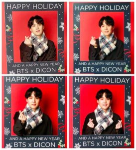 SUGA aparece nas montagens de Natal da Dicon publicadas no X do BTS com sua clássica combinação de carisma contido e toque de fofura estratégica, usando um cachecol xadrez, camisa escura e a moldura temática “Happy Holiday and a Happy New Year BTS x DICON” como cenário. Em todas as poses, ele entrega mini corações com a mão e expressões que vão do sutil ao tímido, transmitindo aquele espírito natalino low-key que só ele consegue fazer parecer cool e acolhedor ao mesmo tempo. Um registro perfeito do BTS Natal, presente no artigo especial do Bangtan Now.