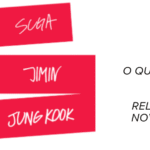 Banner do artigo do Bangtan Now sobre vinil BTS de ARIRANG: à esquerda, barras vermelhas com nomes dos membros RM, Jin, Suga, J-Hope, Jimin e Jungkook, com marca de seleção em Jungkook; à direita, texto em português ‘Qual é seu Arirang?’ explicando o significado das cores de cada vinil e sua relação com os membros do BTS.