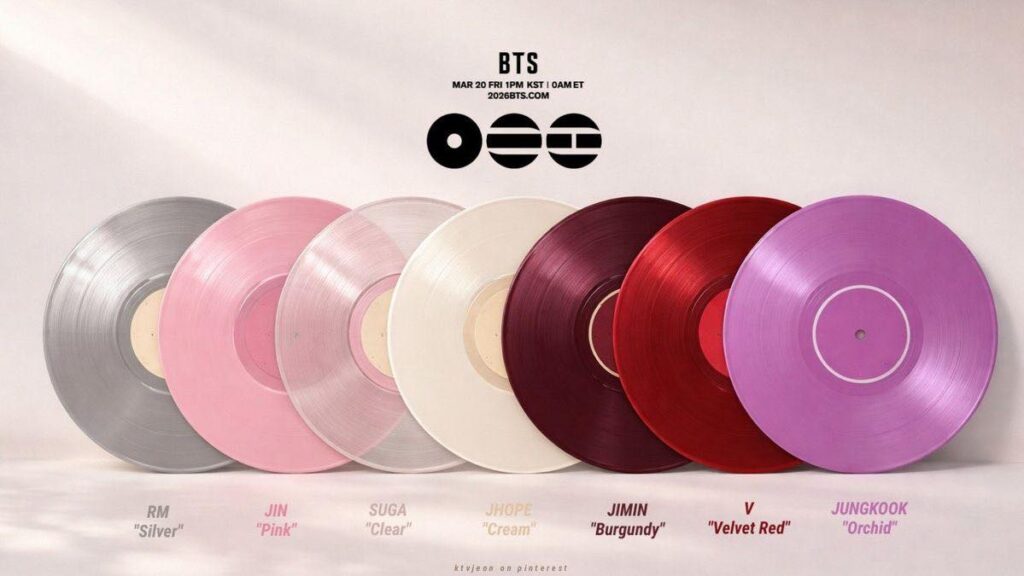 Imagem fanmade (não oficial) compartilhada pelo Bangtan Now mostrando as cores do vinil BTS: sete discos de vinil alinhados, nas cores prata (RM), rosa (Jin), transparente (Suga), creme (J-Hope), bordô/burgundy (Jimin), vermelho aveludado/velvet red (V) e roxo orquídea/orchid (Jungkook).