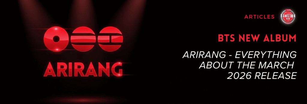 AI-generated image showing the ARIRANG album logo by BTS. The logo features three bright red circles with white details. Below it, “ARIRANG” is written in large red letters. On the right side of the image, there is the title “BTS NEW ALBUM” in red uppercase, followed by the subtitle in black italics: “Arirang - Everything About the March 2026 Release”. In the top right corner, the logos “ARTICLES” and “Bangtan Now” appear.