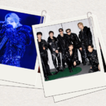 Cover image for the BTS Photos article on the Bangtan Now blog. On the left, an analog film strip displays a sequence of photos of BTS performing on the Arirang Tour in Goyang: members on stage under dramatic lighting, one of them surrounded by orange flames, others in dance poses wearing dark outfits amid concert lights. In the center, a polaroid shows Jimin singing on stage with a microphone in hand, bathed in intense blue light, wearing a black outfit with structured details resembling armor. On the right, a second polaroid features all seven BTS members together in a group photo: some standing in the back, others crouching in the front, all dressed in black (a mix of leather, vinyl, and accessories), in a relaxed yet commanding pose with confident expressions. In the upper right corner, the Bangtan Now blog logo appears alongside the word "Articles." Below it, the texts "BTS Photos" in red and "Where to Find Real, High-Quality Images (Without Falling for AI)" in dark italics stand out against a light beige background.