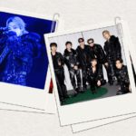Capa do artigo Fotos do BTS no blog Bangtan Now. À esquerda, uma tira de filme analógico exibe uma sequência de fotos do BTS em performance na Arirang Tour em Goyang: membros no palco sob luzes dramáticas, um deles em meio a chamas alaranjadas, outros em poses de dança com figurinos escuros e iluminação de show. Ao centro, uma polaroid mostra Jimin cantando no palco com o microfone na mão, envolto em luz azul intensa, usando um figurino preto com detalhes estruturados que lembram armadura. À direita, uma segunda polaroid traz os sete membros do BTS reunidos em foto de grupo: alguns em pé ao fundo, outros agachados na frente, todos com roupas pretas (entre looks de couro, vinil e acessórios), em pose descontraída mas imponente, com expressões confiantes. No canto superior direito, o logo do blog Bangtan Now acompanhado da palavra "Artigos". Abaixo, em destaque, os textos "Fotos do BTS" em vermelho e "Onde encontrar imagens reais e em alta qualidade (sem cair em IA)" em itálico escuro, sobre fundo bege claro.