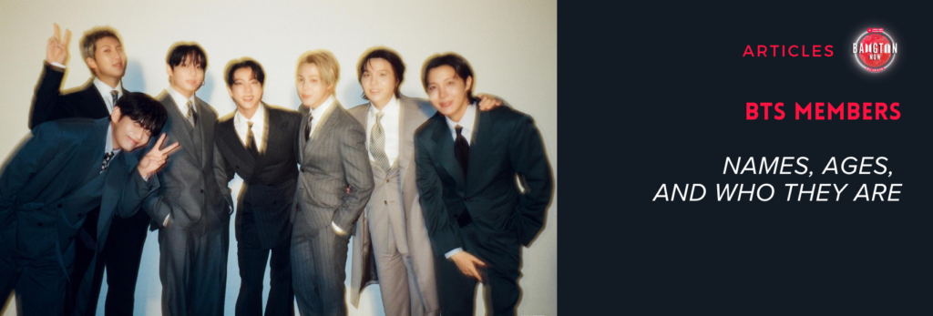 RM, Jin, SUGA, j-hope, Jimin, V, and Jung Kook — the seven BTS members — posing together wearing dark suits in an official photo published on the BTS Instagram account.