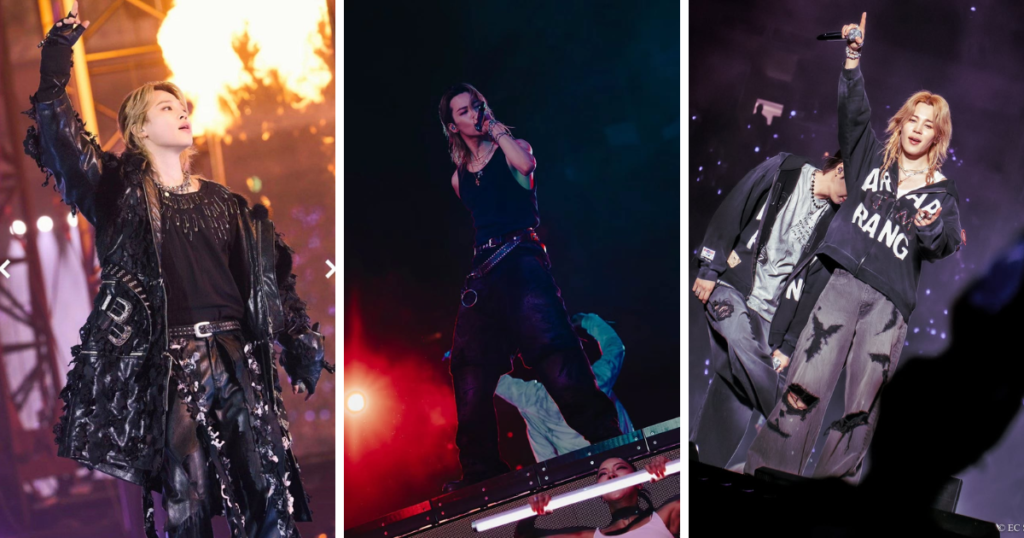 BTS Members - Jimin Jimin (Park Jimin), main vocalist and dancer of BTS, in three performance moments: with blonde hair in a long distressed leather coat and black t-shirt with metallic fringe, one arm raised, with flames in the background; in a black tank top and dark pants with a double belt, singing from an elevated position on stage under intense red lighting; and in blonde hair, oversized black hoodie with "Arirang" printed on it and distressed grey jeans, holding a microphone with arm raised alongside another member, under purple lighting.