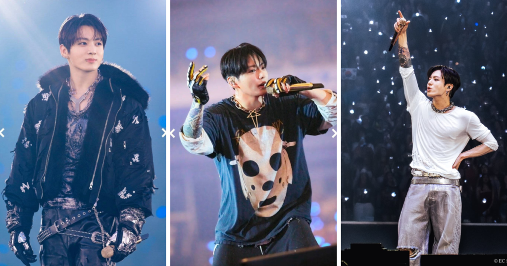 Integrantes do BTS - Jung Kook Jung Kook (Jeon Jung Kook), vocalista principal e Golden Maknae do BTS, em três momentos de performance: de jaqueta preta com capuz de pelo e detalhes prateados sobre camiseta cinza, cinto e calça com aplicações metálicas, olhar sereno sob iluminação azulada; de camiseta azul com estampa de máscara, luva dourada e tatuagens visíveis nos braços, cantando com microfone dourado em punho levantado; e de camiseta branca de manga longa, calça e cinto prateados, um braço erguido apontando para cima com tatuagens visíveis, com a luz de ARMY Bombs ao fundo.