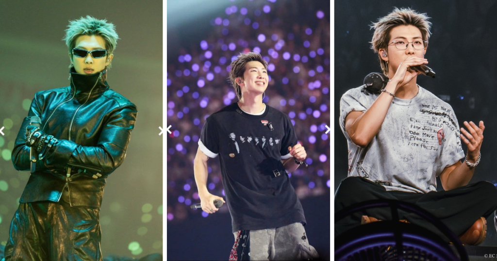 Integrantes do BTS - RM RM (Kim Namjoon), integrante e líder do BTS, em três momentos de performance: de couro preto com óculos escuros sob iluminação esverdeada, sorrindo no palco de uma arena com luzes roxas ao fundo, e cantando concentrado com camiseta cinza com textos escritos à mão, microfone próximo ao rosto.
