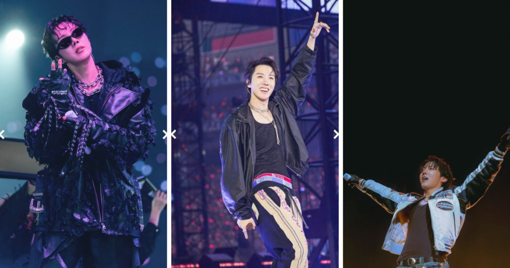 Miembros de BTS - Hobi j-hope (Jung Hoseok), bailarín principal y rapero de BTS, en tres momentos de performance: con look todo negro con chaqueta texturizada de detalles florales, gafas de sol redondas oscuras y cadenas plateadas, bajo intensa iluminación morada; sonriendo ampliamente en el escenario con un brazo levantado apuntando hacia arriba, con chaqueta negra sobre camiseta oscura y pantalón beige estampado, con estructura de escenario y luces de fondo; y con los brazos abiertos en un gran escenario al aire libre, con chaqueta vaquera clara con parches, bajo cielo oscuro.