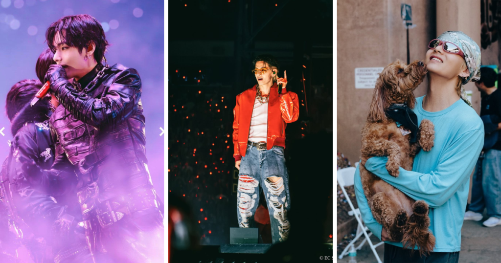Miembros de BTS - Taehyung V (Kim Taehyung), vocalista principal de BTS, en tres momentos: con chaqueta de cuero negro y cadenas, sosteniendo un micrófono rojo cerca del rostro bajo intensa iluminación morada; con chaqueta roja de charol sobre camiseta blanca, jeans desgastados y gafas de lente amarilla, apuntando hacia arriba en el escenario con luces naranjas de fondo; y en un momento casual al aire libre, camiseta azul claro de manga larga, pañuelo plateado en la cabeza y gafas de sol, sonriendo mientras sostiene un caniche marrón en brazos.