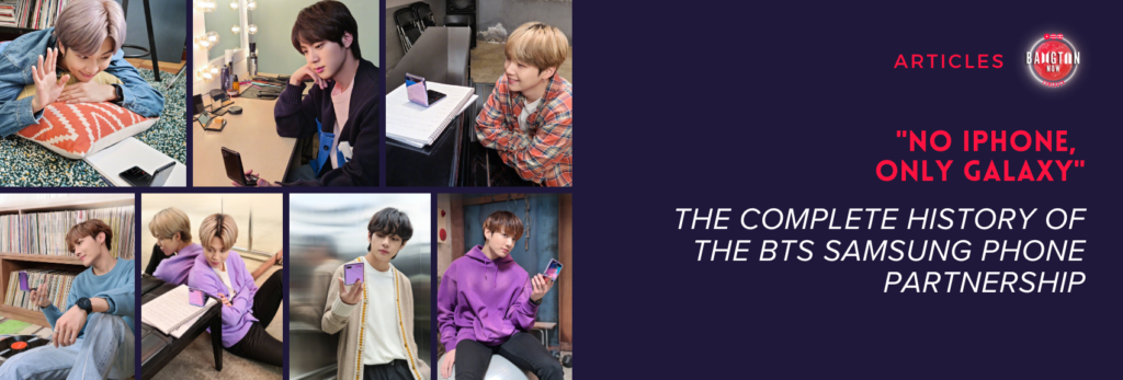 Banner for the article on Samsung and BTS, featuring photos of the seven members holding Galaxy foldable phones, published by Samsung on Weibo, with the title 'No iPhone, only Galaxy: The Complete History of the BTS Samsung Phone Partnership.