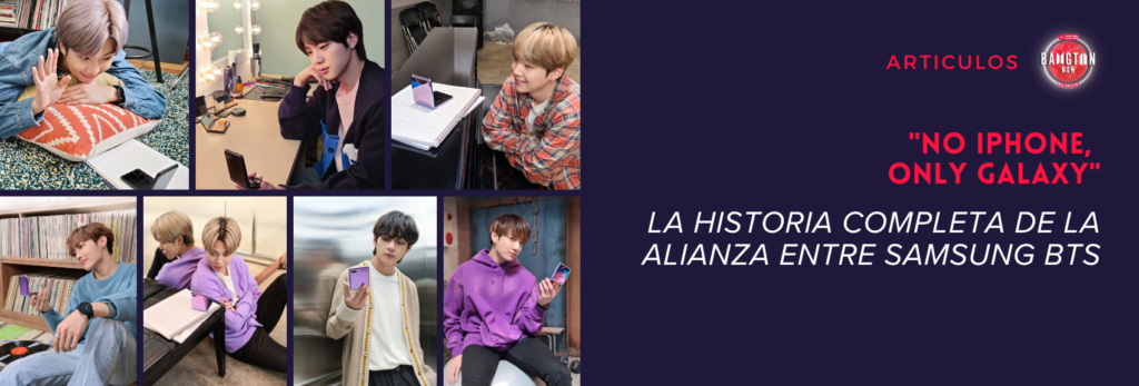 Banner del artículo sobre Samsung y BTS, con fotos de los siete integrantes sosteniendo celulares plegables Galaxy, publicadas por Samsung en Weibo, con el título 'No iPhone, only Galaxy: la historia completa de la alianza entre Samsung BTS.