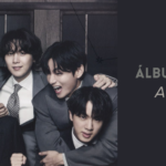 Foto promocional do álbum Arirang do BTS: os sete integrantes do grupo sorrindo e rindo juntos, em ternos escuros, num ensaio fotográfico em tons acinzentados. Ao lado, o texto 'Álbum Arirang do BTS: a viagem por trás de cada faixa