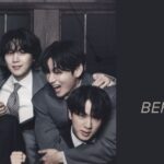 Promotional photo for the BTS Arirang album: all seven members laughing together, dressed in dark suits, in a grayscale-toned photoshoot. Next to them, the text 'BTS Arirang Album: The Journey Behind Every Track.