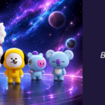 Os oito mascotes do BTS do universo BT21: Van, Tata, Chimmy, RJ, Shooky, Cooky, Mang e Koya, reunidos em um palco futurista com fundo de galáxia e planetas. Imagem gerada por IA.