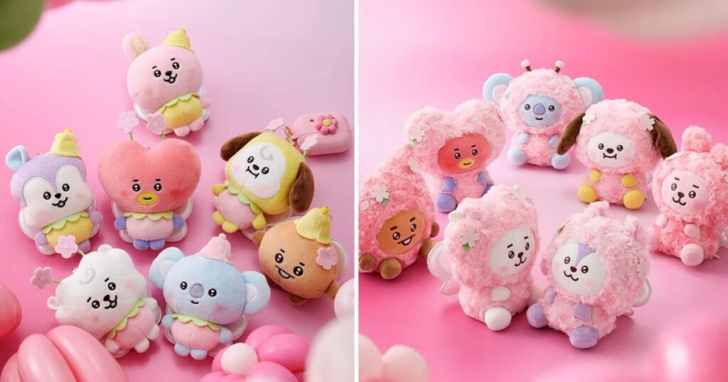 BT21 Baby Spring Fairy charms and plushies, one of the official BTS mascot products: on the left, the characters Koya, RJ, Shooky, Chimmy, Cooky, and Tata as keychain charms with flower and wing details; on the right, the same characters as fluffy pink plush toys, seated against a pink background.
