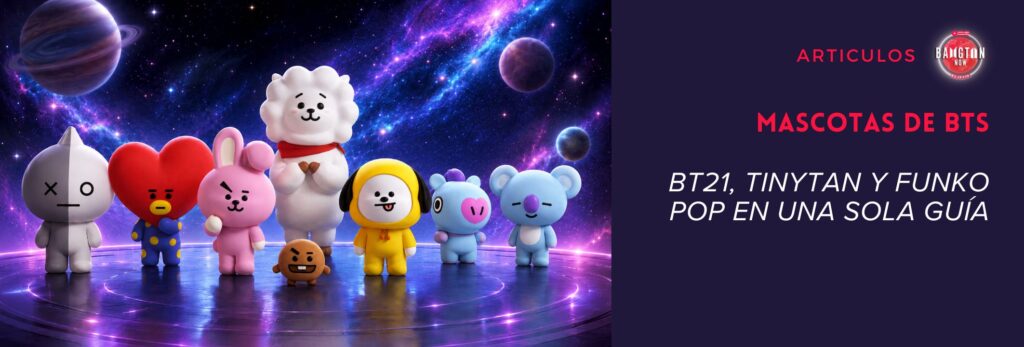 Las ocho mascotas de BTS del universo BT21: Van, Tata, Chimmy, RJ, Shooky, Cooky, Mang y Koya, reunidas en un escenario futurista con una galaxia y planetas de fondo. Imagen generada por IA.