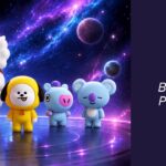 Las ocho mascotas de BTS del universo BT21: Van, Tata, Chimmy, RJ, Shooky, Cooky, Mang y Koya, reunidas en un escenario futurista con una galaxia y planetas de fondo. Imagen generada por IA.