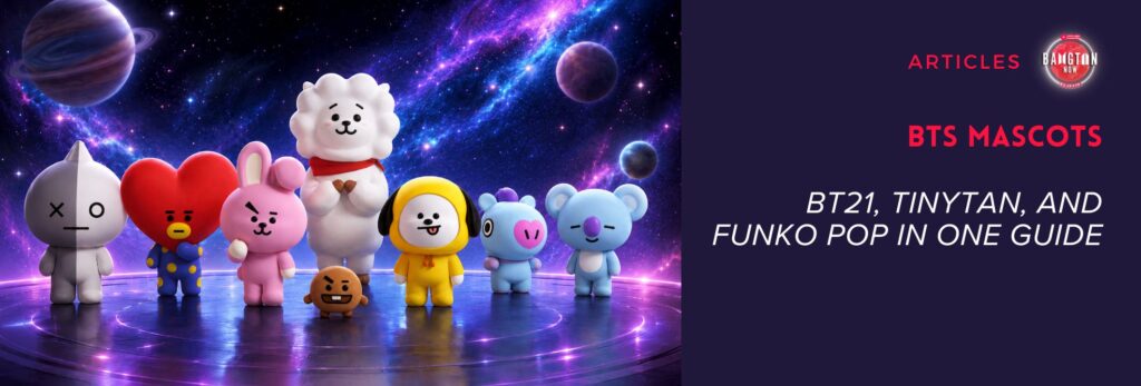 The eight BTS mascots from the BT21 universe: Van, Tata, Chimmy, RJ, Shooky, Cooky, Mang, and Koya, gathered on a futuristic stage with a galaxy and planets in the background. AI-generated image.