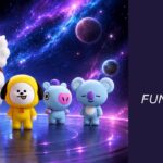 The eight BTS mascots from the BT21 universe: Van, Tata, Chimmy, RJ, Shooky, Cooky, Mang, and Koya, gathered on a futuristic stage with a galaxy and planets in the background. AI-generated image.